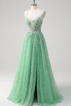 Brilhante Verde Luz Uma Linha Esparguete Correias Espartilho Tule Vestido de Baile com Fenda