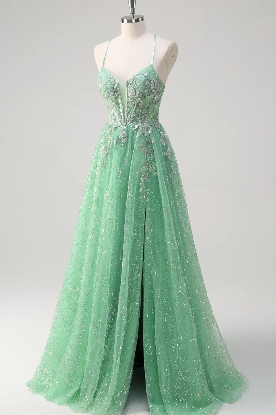 Brilhante Verde Luz Uma Linha Esparguete Correias Espartilho Tule Vestido de Baile com Fenda