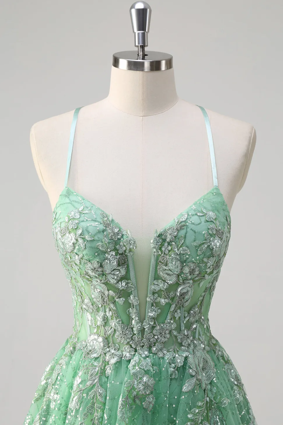 Brilhante Verde Luz Uma Linha Esparguete Correias Espartilho Tule Vestido de Baile com Fenda