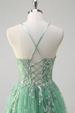 Brilhante Verde Luz Uma Linha Esparguete Correias Espartilho Tule Vestido de Baile com Fenda