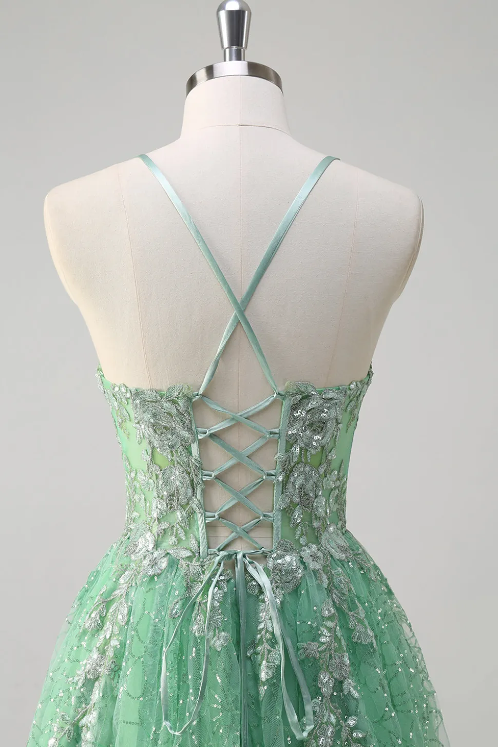 Brilhante Verde Luz Uma Linha Esparguete Correias Espartilho Tule Vestido de Baile com Fenda