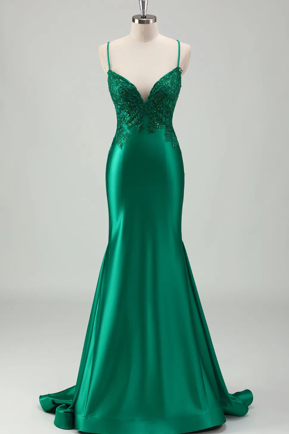 Brilhante Verde Sereia Esparguete Correias Cetim Long Prom Dress com Apliques