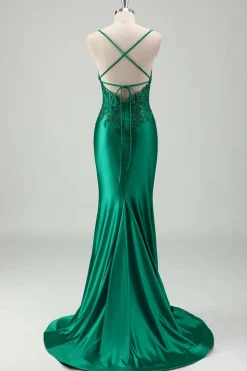 Brilhante Verde Sereia Esparguete Correias Cetim Long Prom Dress com Apliques