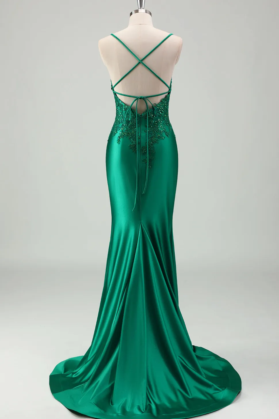 Brilhante Verde Sereia Esparguete Correias Cetim Long Prom Dress com Apliques