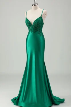 Brilhante Verde Sereia Esparguete Correias Cetim Long Prom Dress com Apliques