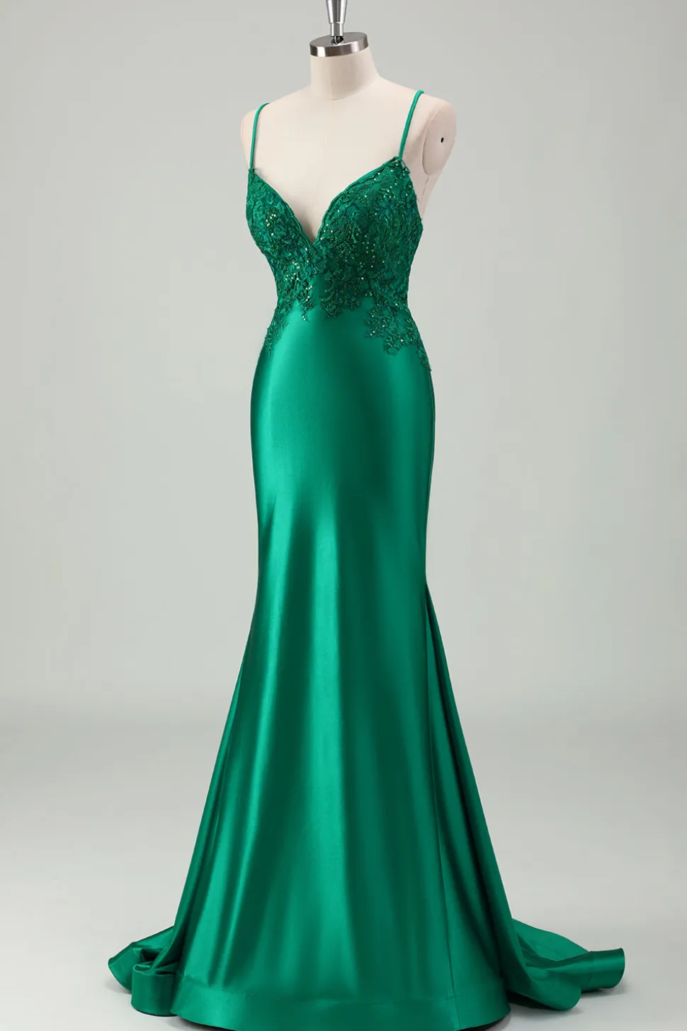 Brilhante Verde Sereia Esparguete Correias Cetim Long Prom Dress com Apliques