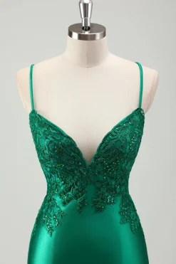 Brilhante Verde Sereia Esparguete Correias Cetim Long Prom Dress com Apliques