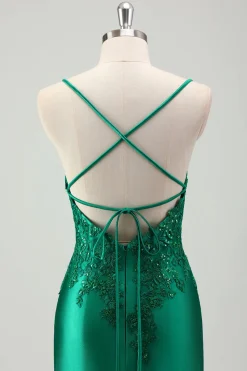 Brilhante Verde Sereia Esparguete Correias Cetim Long Prom Dress com Apliques