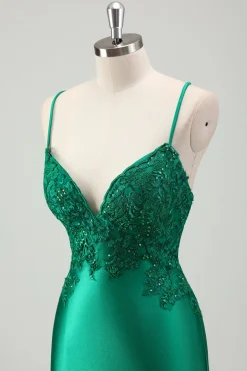 Brilhante Verde Sereia Esparguete Correias Cetim Long Prom Dress com Apliques