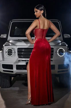 Brilhante vermelho escuro espaguete correias espartilho vestido de baile com fenda