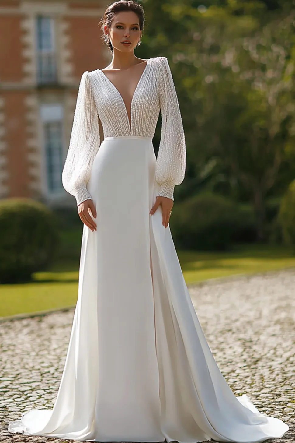 Brilhante V-Neck Vestido de Noiva de manga longa