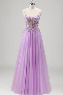 Brilhantemente frisado Lilás Floral Appliques Corset Prom Dress