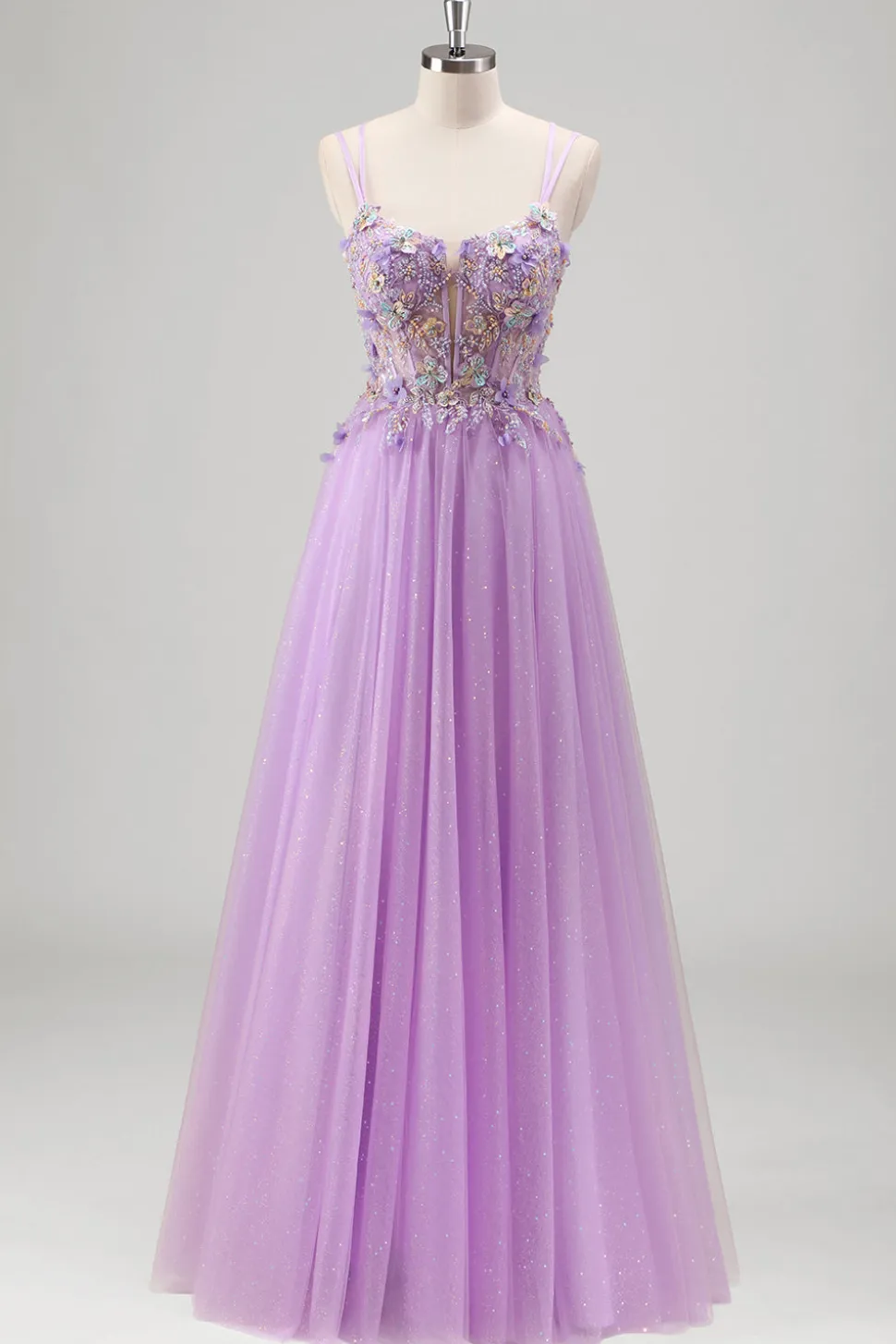 Brilhantemente frisado Lilás Floral Appliques Corset Prom Dress
