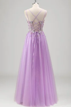 Brilhantemente frisado Lilás Floral Appliques Corset Prom Dress
