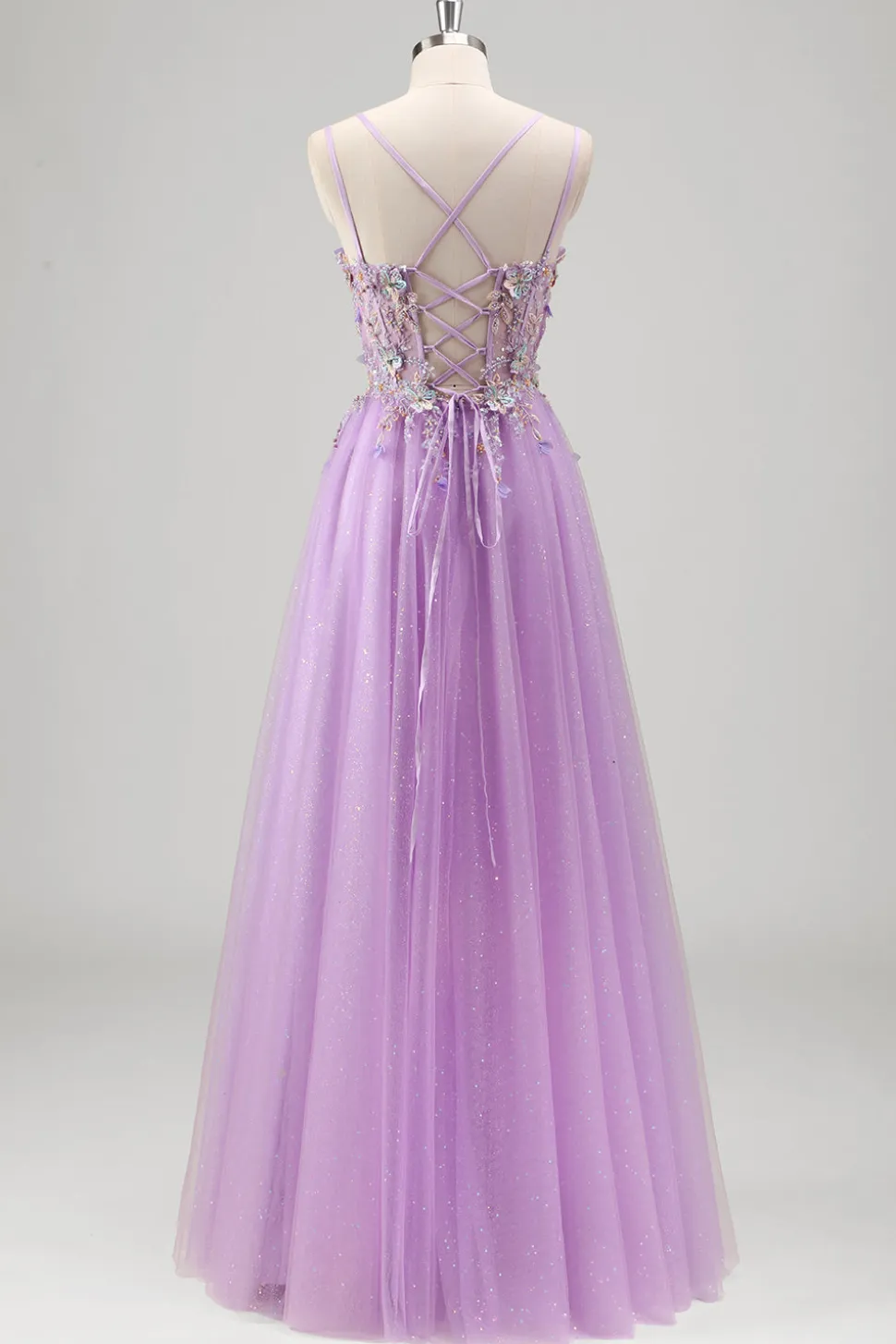 Brilhantemente frisado Lilás Floral Appliques Corset Prom Dress