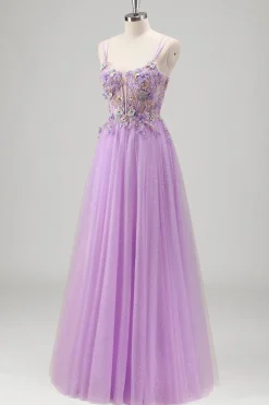 Brilhantemente frisado Lilás Floral Appliques Corset Prom Dress