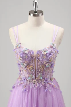 Brilhantemente frisado Lilás Floral Appliques Corset Prom Dress