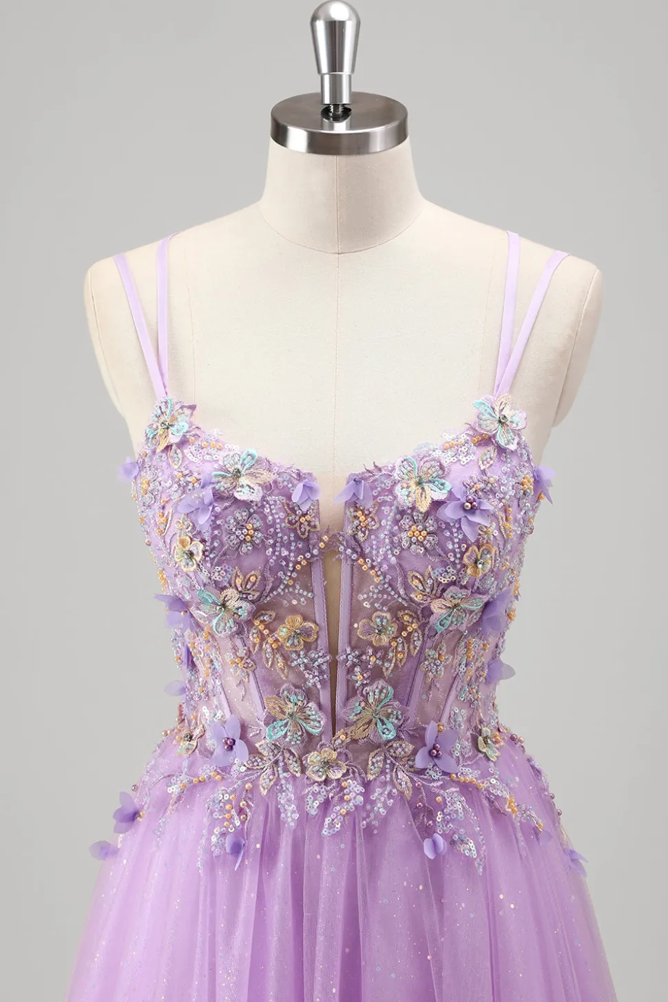Brilhantemente frisado Lilás Floral Appliques Corset Prom Dress