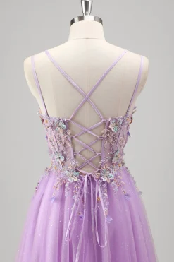 Brilhantemente frisado Lilás Floral Appliques Corset Prom Dress