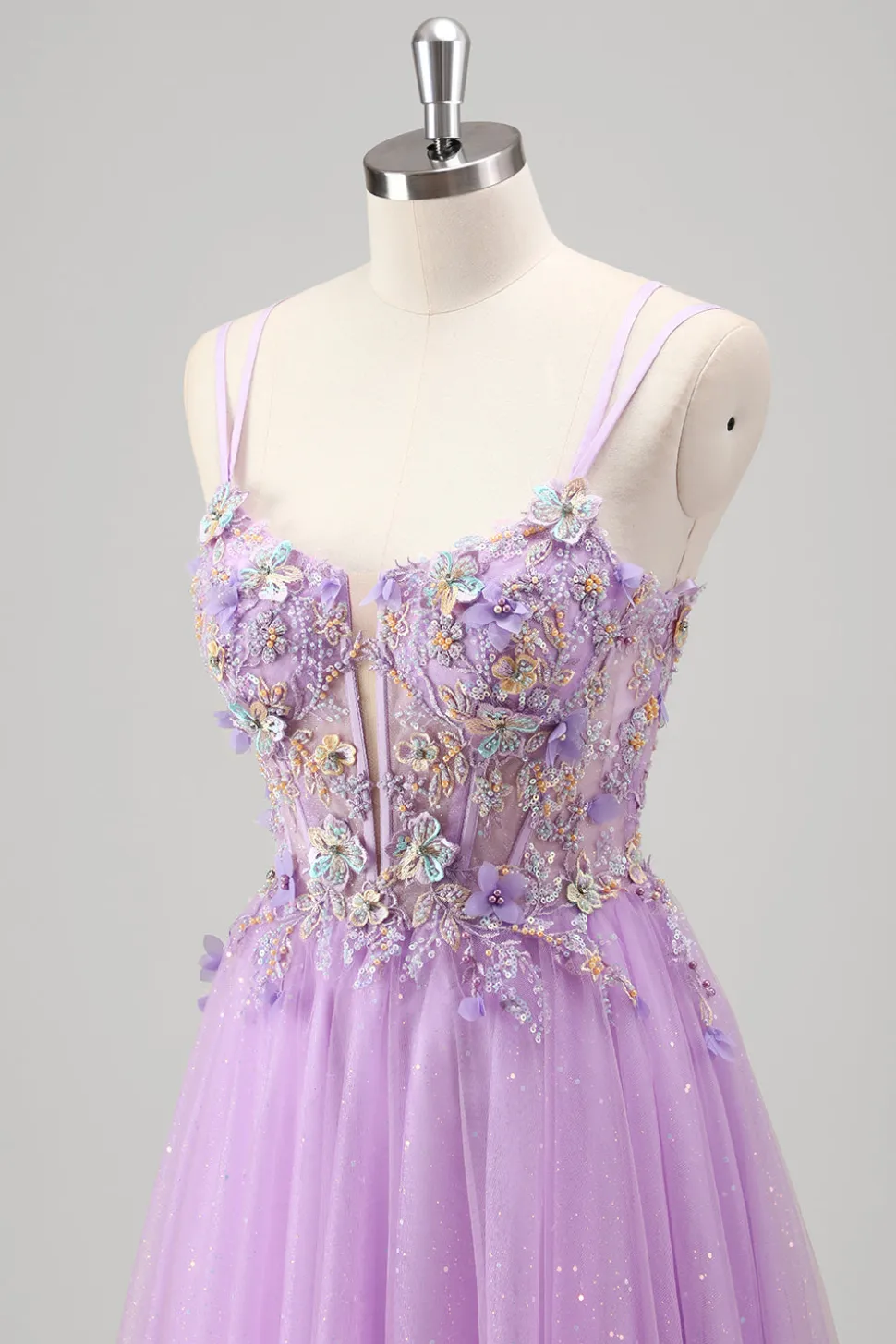 Brilhantemente frisado Lilás Floral Appliques Corset Prom Dress
