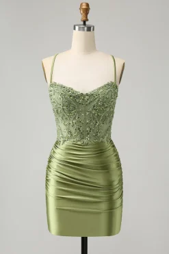 Brilhantemente Verde Luz Apertado Esparguete Correias Homecoming Vestido com Apliques
