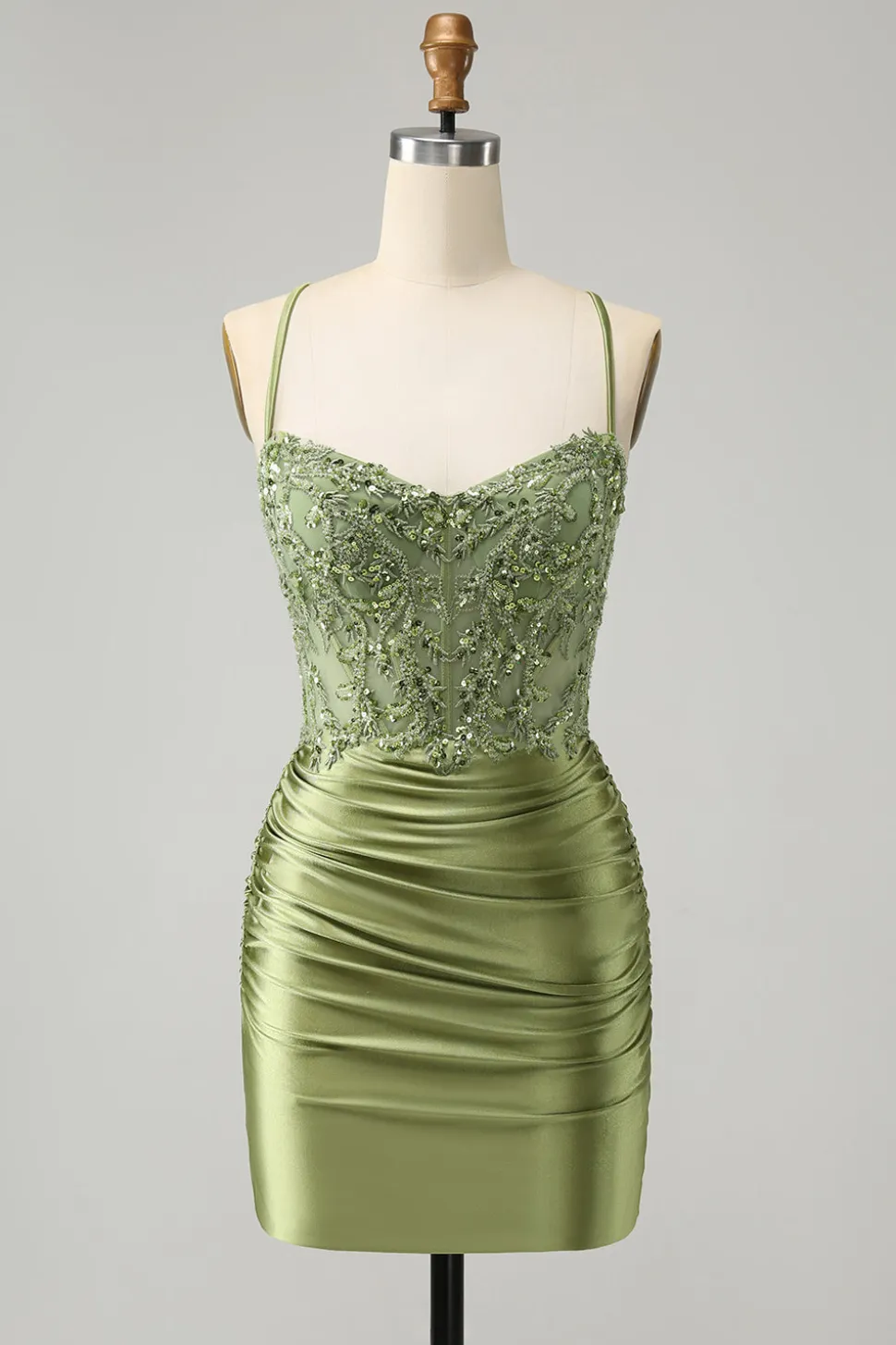 Brilhantemente Verde Luz Apertado Esparguete Correias Homecoming Vestido com Apliques