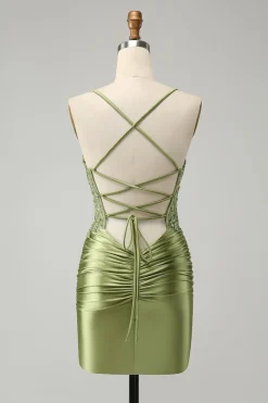 Brilhantemente Verde Luz Apertado Esparguete Correias Homecoming Vestido com Apliques