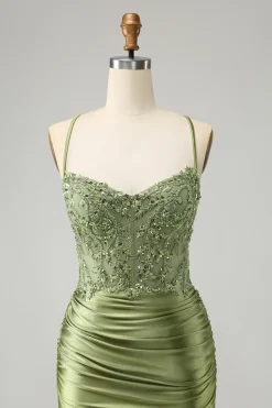 Brilhantemente Verde Luz Apertado Esparguete Correias Homecoming Vestido com Apliques