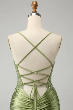 Brilhantemente Verde Luz Apertado Esparguete Correias Homecoming Vestido com Apliques