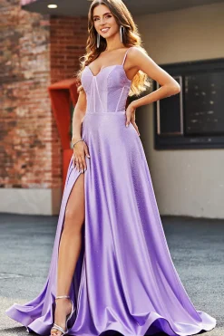 Brilhantes Lilás A-Line Corset Prom Dresses com strass