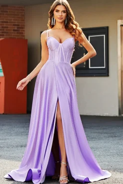 Brilhantes Lilás A-Line Corset Prom Dresses com strass