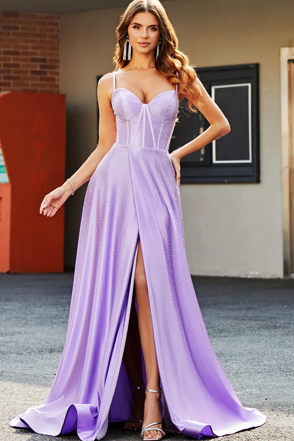Brilhantes Lilás A-Line Corset Prom Dresses com strass