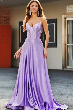 Brilhantes Lilás A-Line Corset Prom Dresses com strass