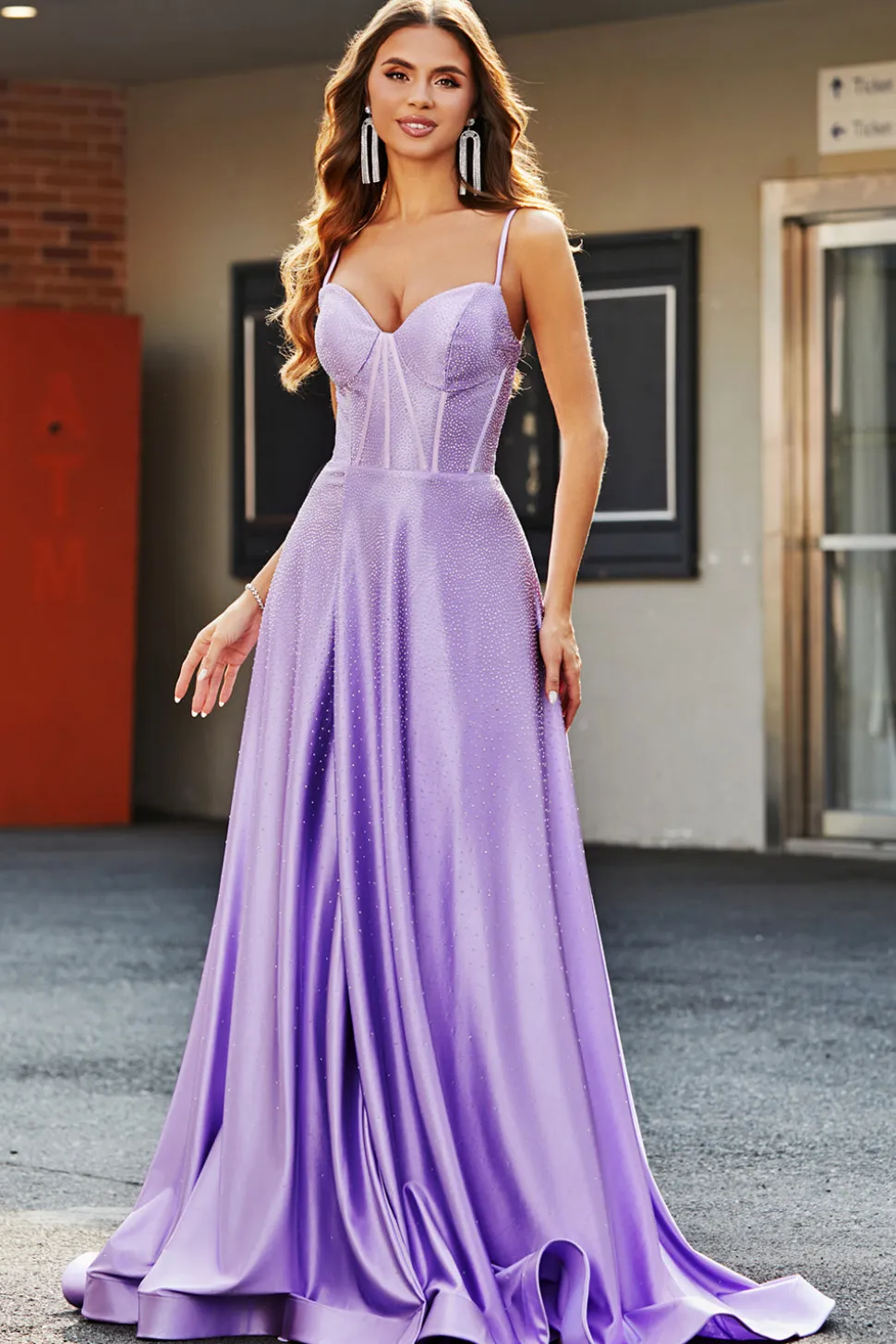 Brilhantes Lilás A-Line Corset Prom Dresses com strass