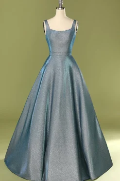 Brilho azul aberto volta longo vestido de baile
