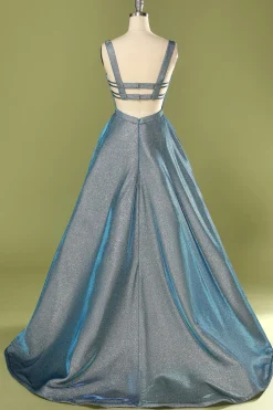 Brilho azul aberto volta longo vestido de baile