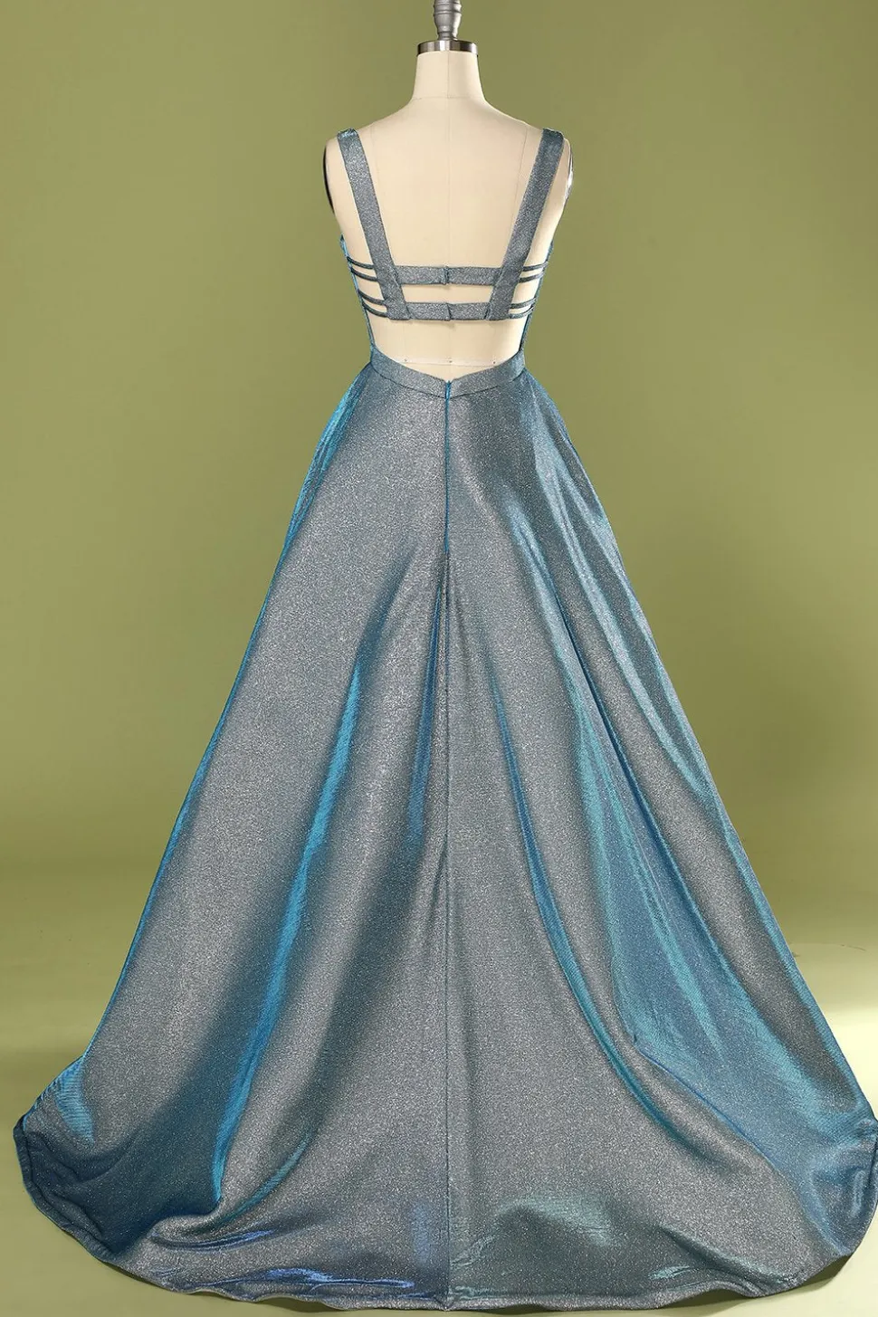 Brilho azul aberto volta longo vestido de baile