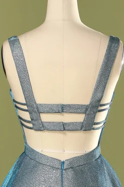 Brilho azul aberto volta longo vestido de baile
