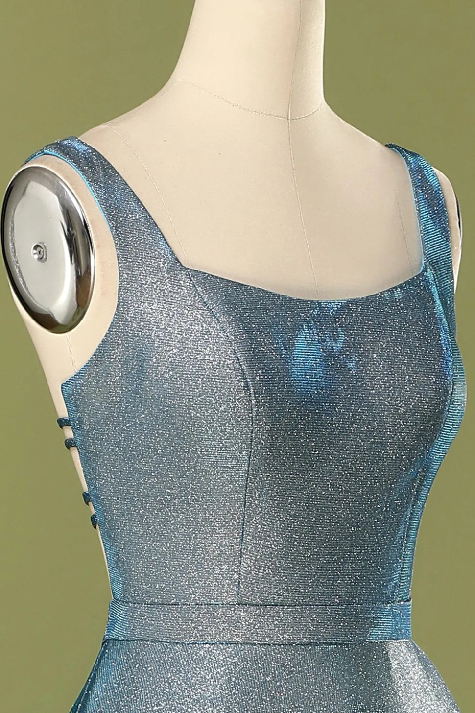 Brilho azul aberto volta longo vestido de baile