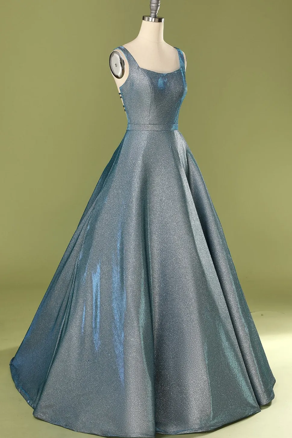 Brilho azul aberto volta longo vestido de baile