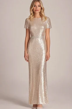 Brilho da bainha de damasco Sequins mangas curtas Mãe longa do vestido da noiva
