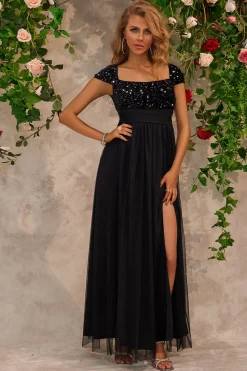 Brilho friso preto pescoço quadrado vestido de baile com fenda