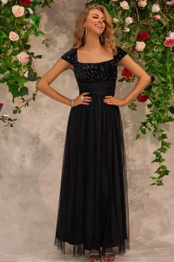 Brilho friso preto pescoço quadrado vestido de baile com fenda