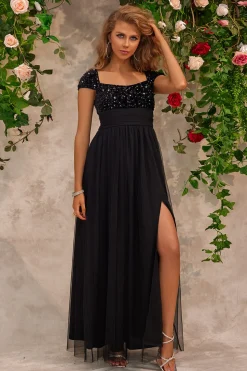 Brilho friso preto pescoço quadrado vestido de baile com fenda