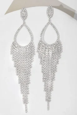 Brincos de gota de strass de prata brilhante