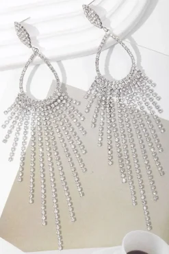 Brincos de gota de strass de prata brilhante