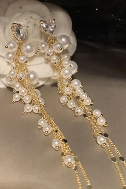 Brincos de gota longa pérola dourada