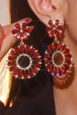 Brincos vermelhos de flores de strass na moda