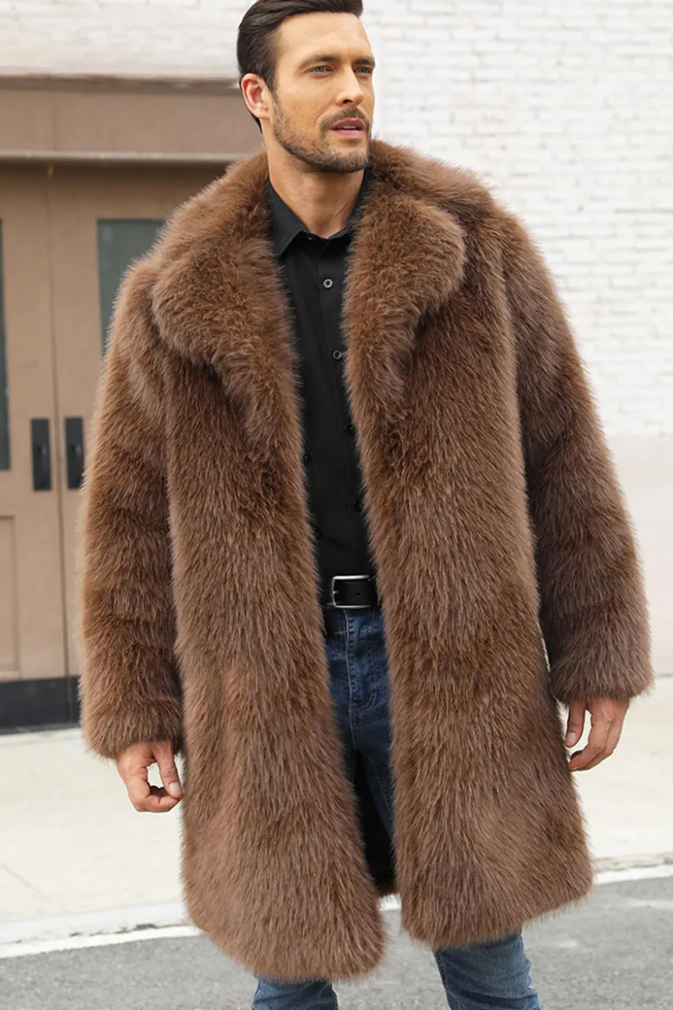 Brown Faux Fur Notched Lapela Long Men's Winter Coat