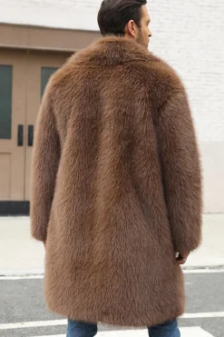 Brown Faux Fur Notched Lapela Long Men's Winter Coat